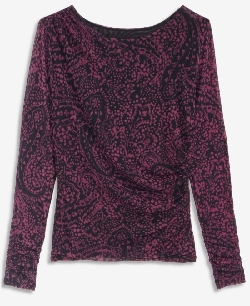 Women's Petite Long-Sleeve Ruched Mesh Top