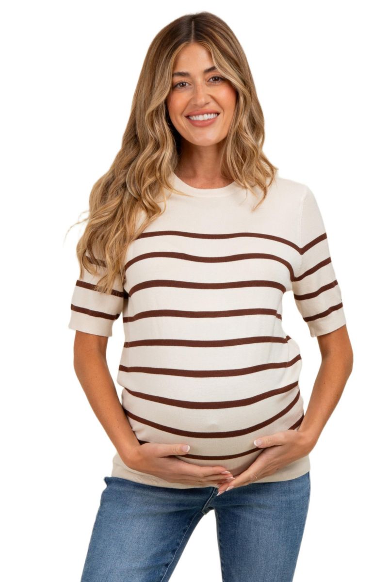 Women's Brown Striped Knit Short Sleeve Top