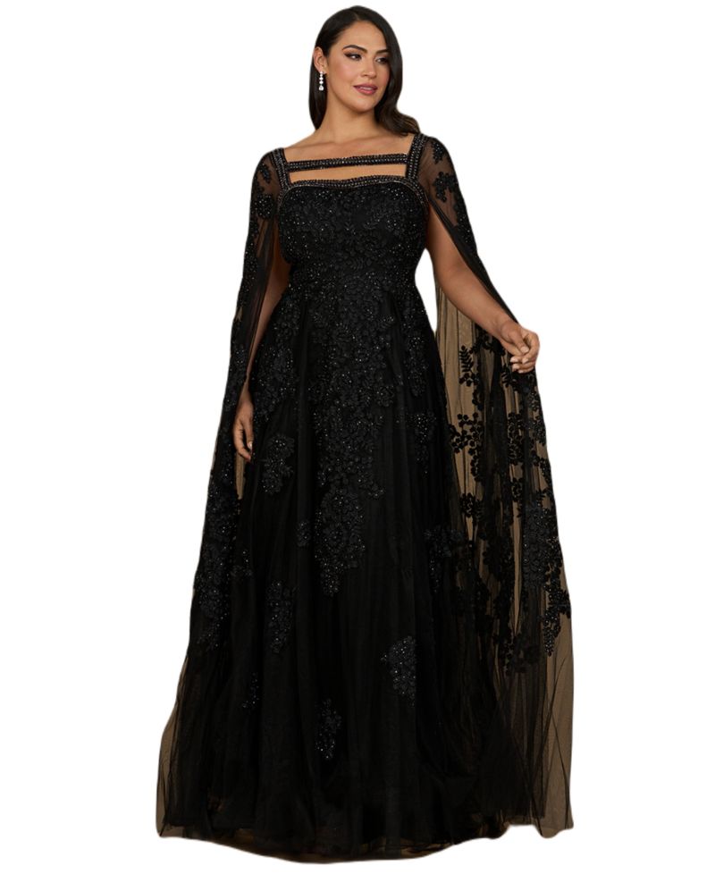 Women's Embroidered gown with long cape sleeves