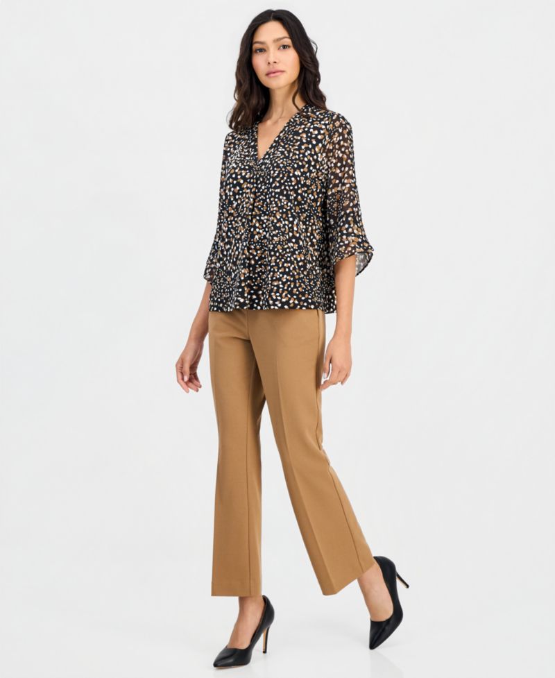 Petite Printed 3/4-Bell-Sleeve Split-Neck Top