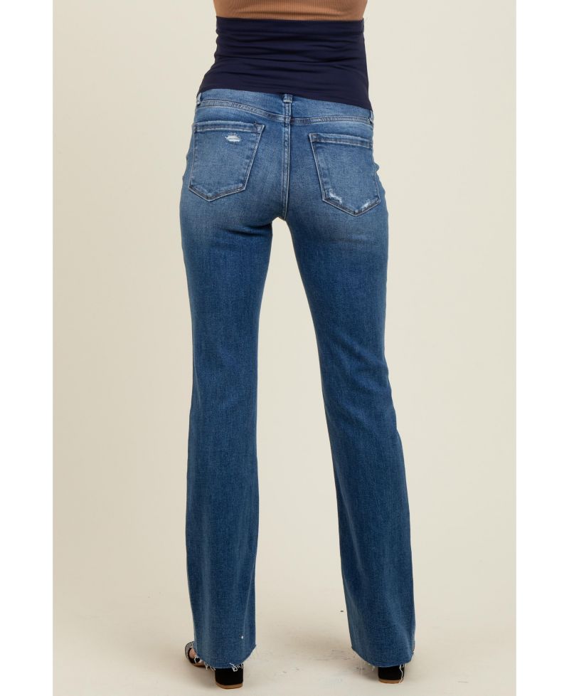 Women's Navy Blue Distressed Raw Hem Bootcut Jeans