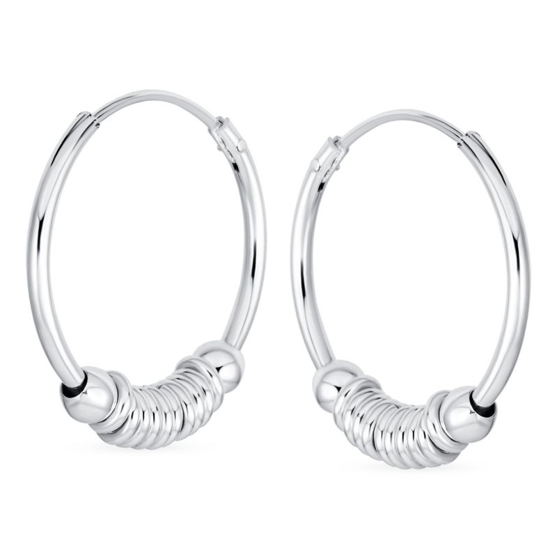 Bali Style Ball Bead Endless Hoop Earrings .925 Sterling Silver .75"