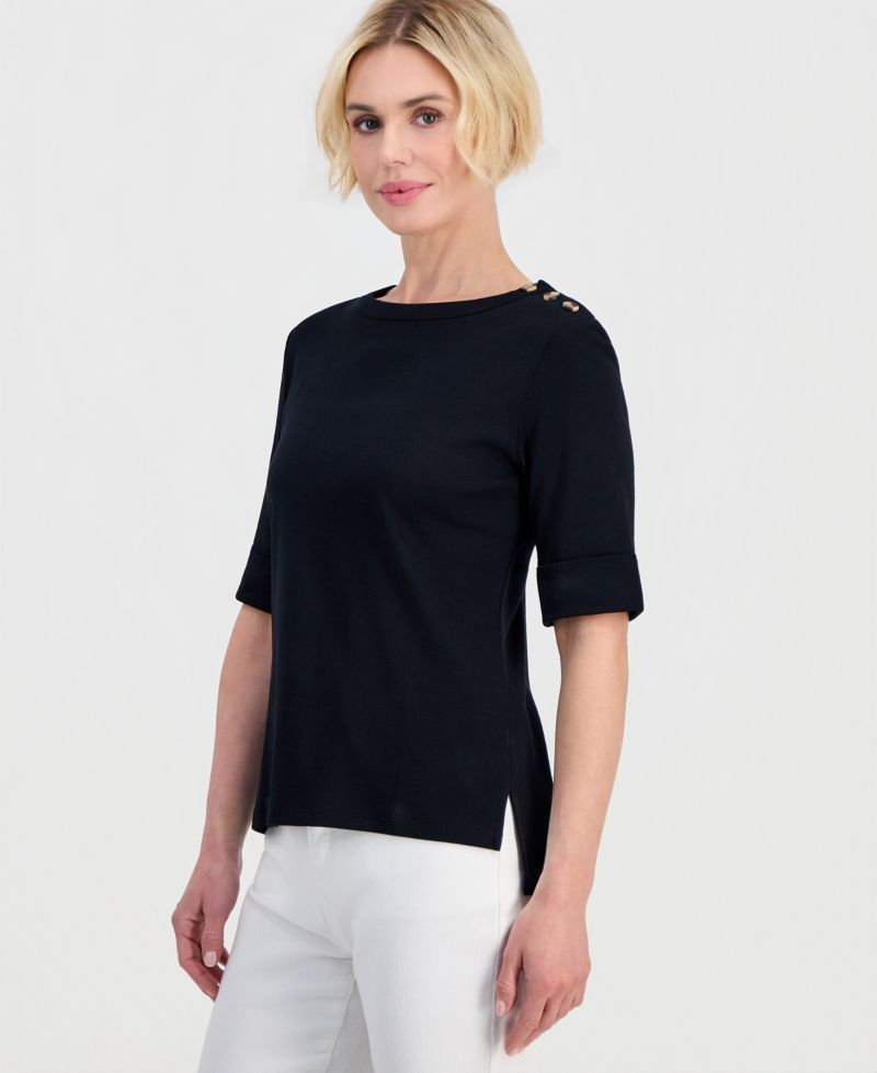Petite Pima Cotton Boat-Neck Elbow Sleeve Top