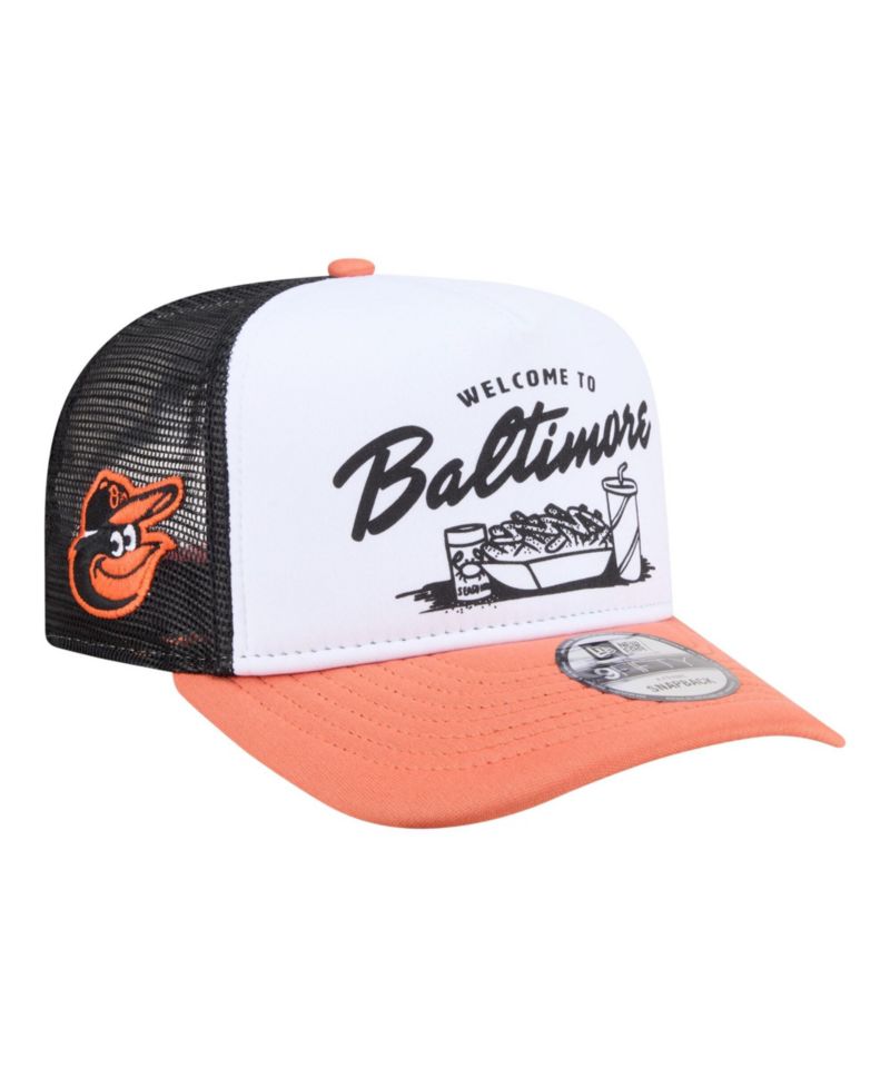 Men's White/Orange Baltimore Orioles Foodie A-Frame 9FIFTY Trucker Snapback Hat