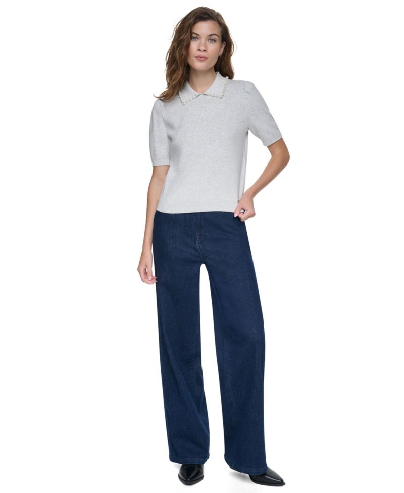 Petite Embellished Short-Puff-Sleeve Polo Sweater