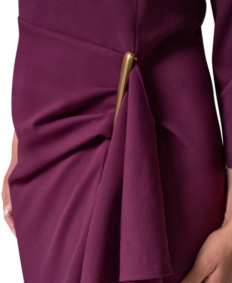 Petite Long-Sleeve Boat-Neck Side Cascade Ruffle Dress