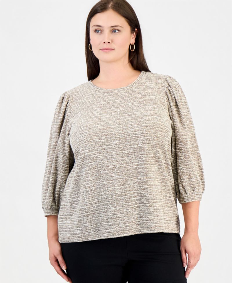 Plus Size Crew Neck Boucl&eacute; 3/4-Length Balloon Sleeve Sweater