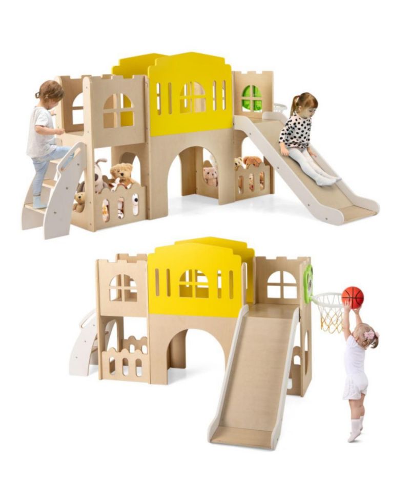 7-in-1 Wooden Slide and Climber Set with Basketball Hoop