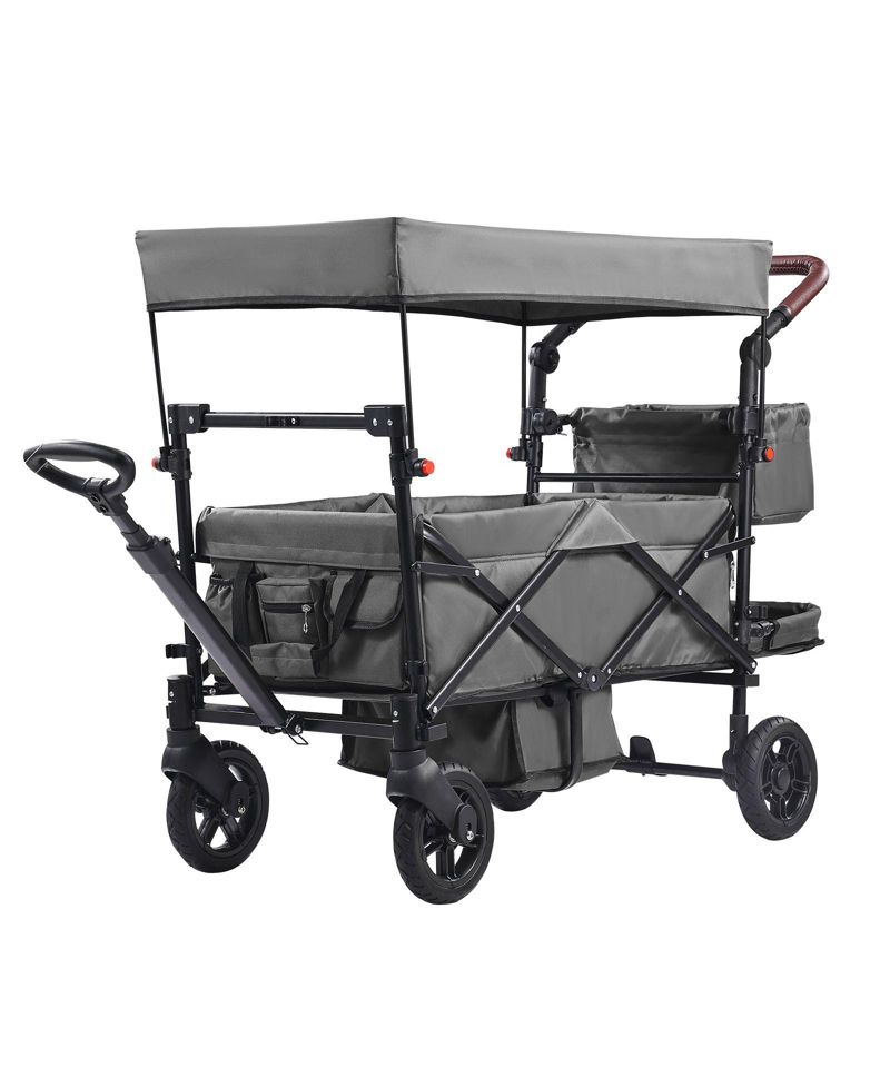 Wagon Stroller for 2 Kids, Collapsible Push Pull Quad Stroller with Adjustable Handle, Harness, Removable Canopy