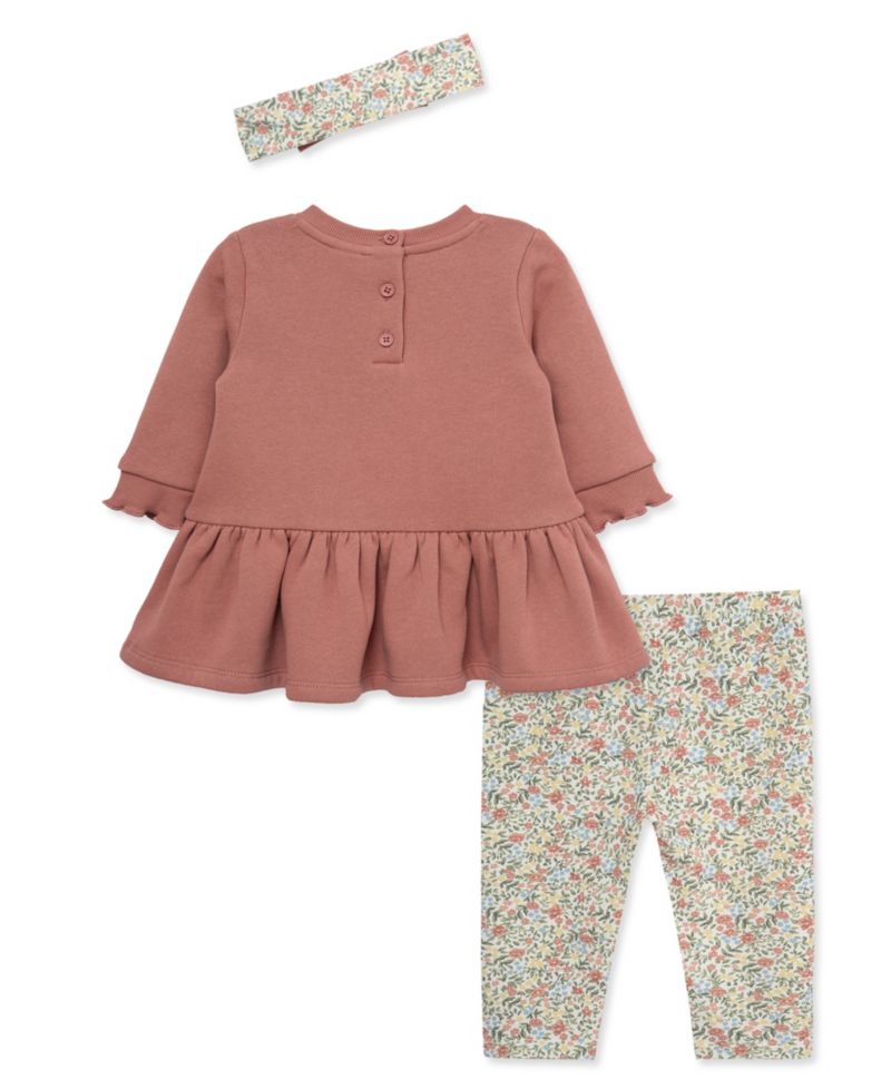 Baby Girls' Embroidered Bow Sweatshirt Dress, Floral Print Pants and Headband, 3-Piece Set