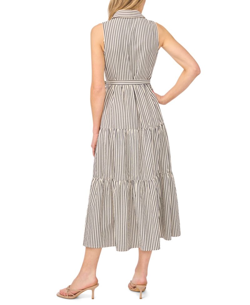 Women's Sleeveless Collared Button-Down Tiered Midi Dress