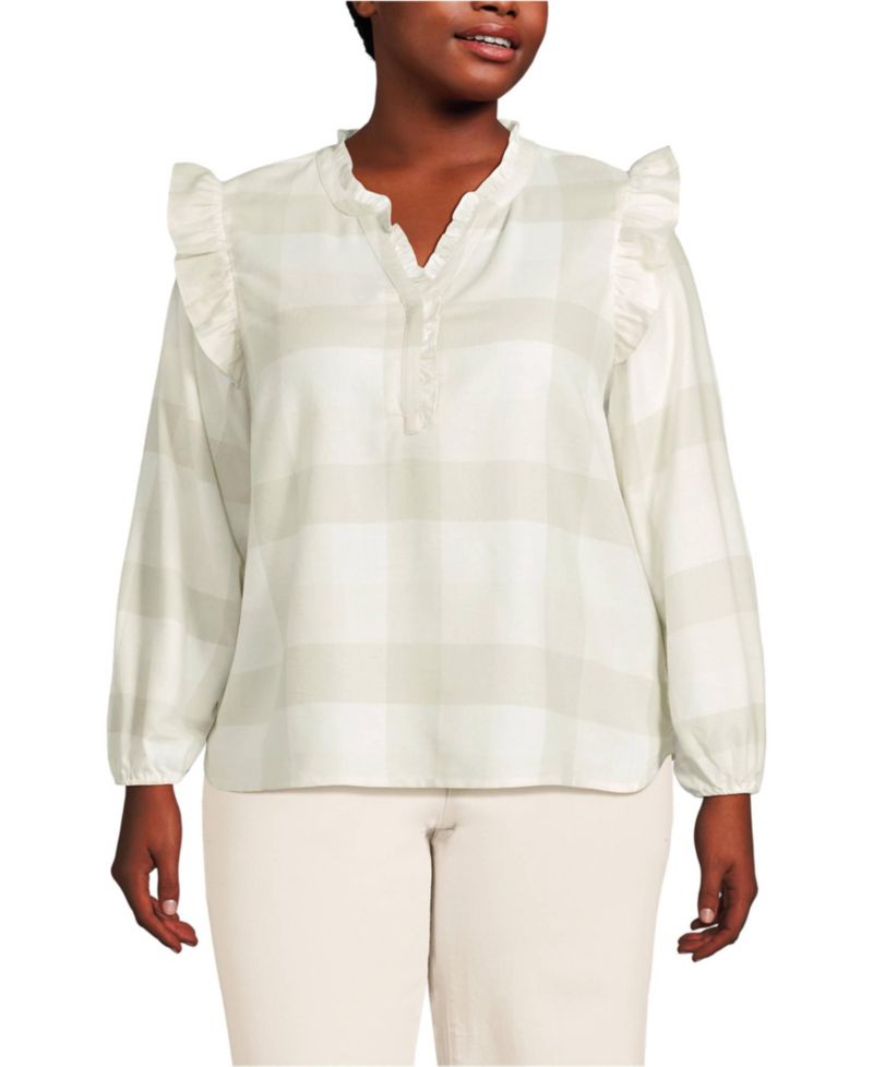 Women's Plus Size Ruffle Front Flannel Popover Blouse