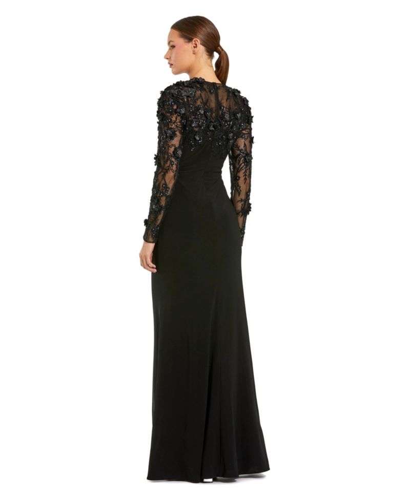 Petite Jersey Long Sleeve Fitted Gown With Floral Beading