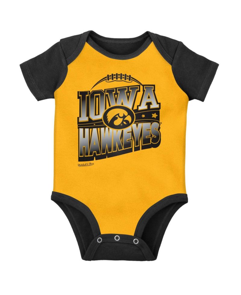 Baby Boys and Girls Mitchell and Ness Black, Gold Iowa Hawkeyes 3-Pack Bodysuit, Bib and Bootie Set