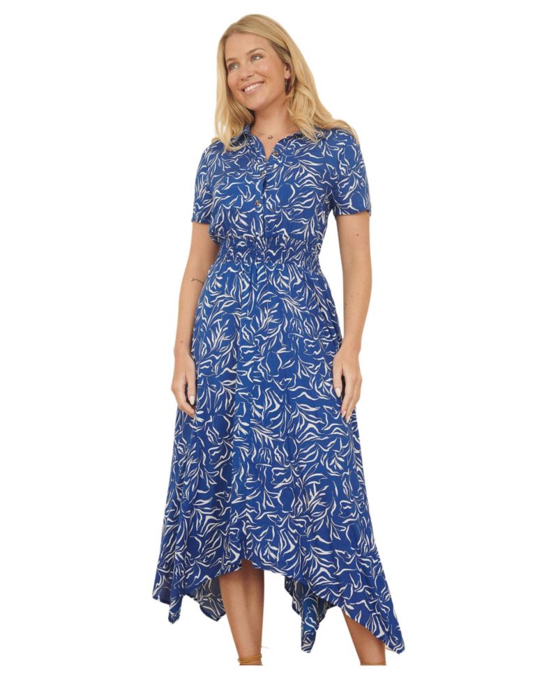Women's Printed Midi Ruched Shirt Dress