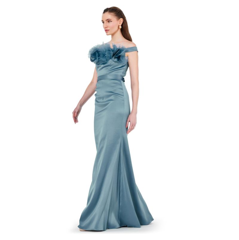 Women's Organza Floral Detail Pleated Satin Gown