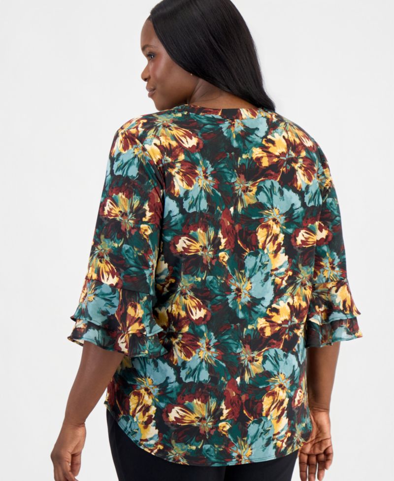 Plus Size Floral-Print Split-Neck Flutter-Sleeve Tunic