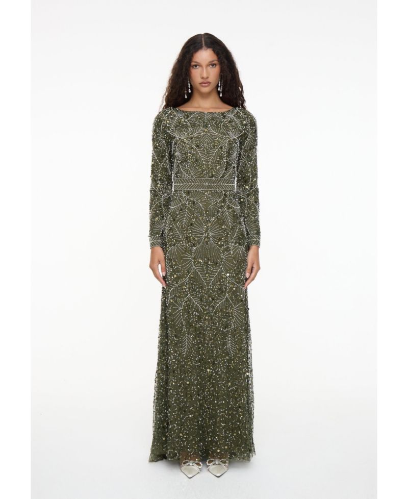 Women's Modest Embellished Sequin Beaded Dress Maxi With Trail