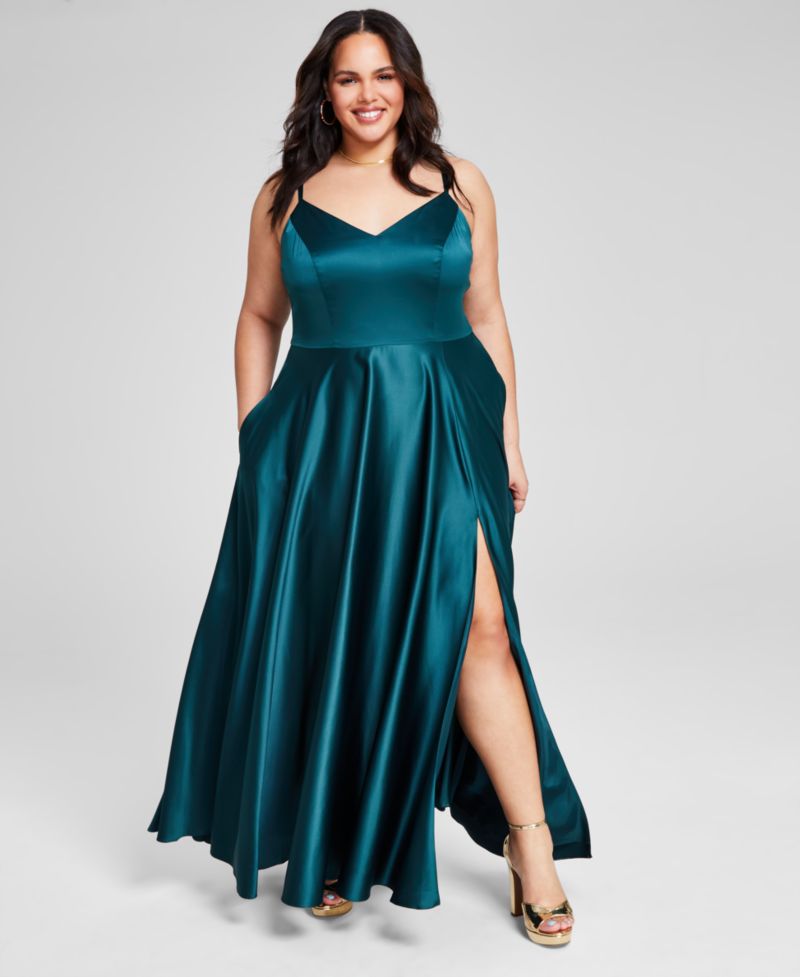 Trendy Plus Size Satin Sleeveless Front-Slit Gown