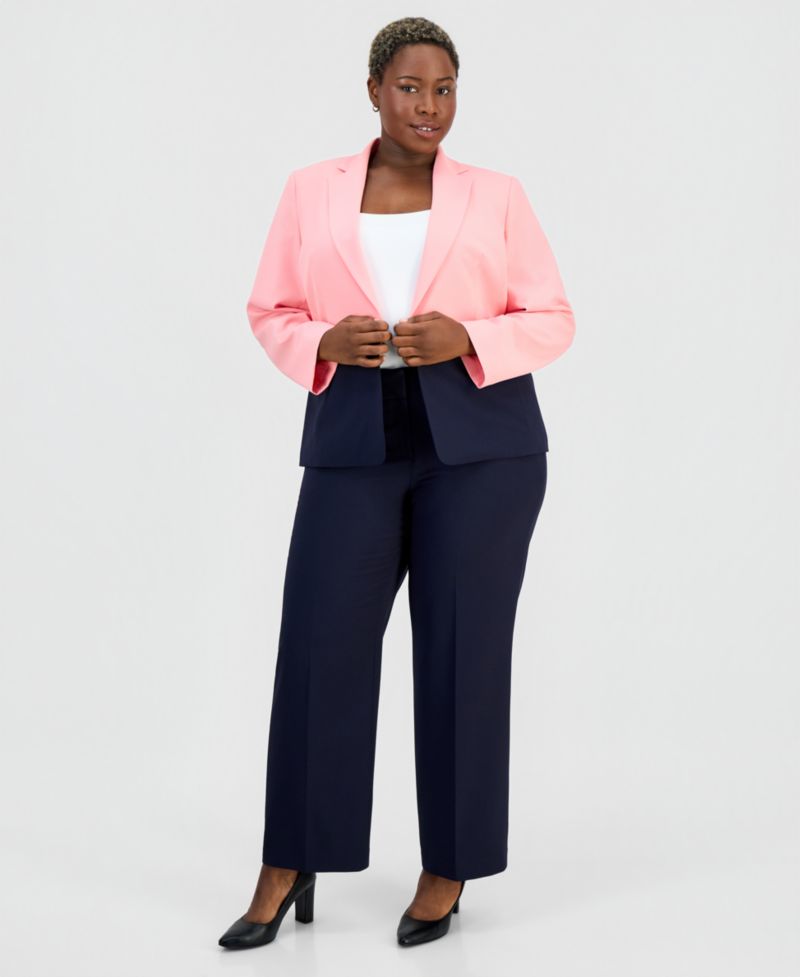 Plus Size Colorblocked One-Button Peplum Jacket & Fly-Front Wide-Leg Pants Suit