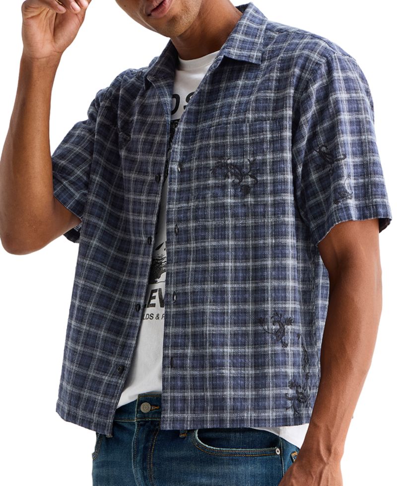 Men's Embroidered Plaid Spread Collar Shirt