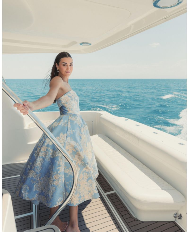 Petite Strapless Brocade Midi Dress with Pockets