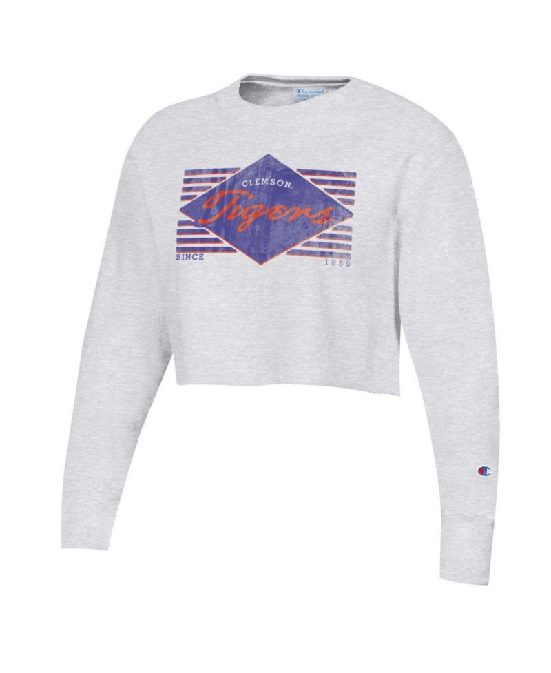 Women's Heather Gray Clemson Tigers Reverse Weave Cropped Pullover Sweatshirt
