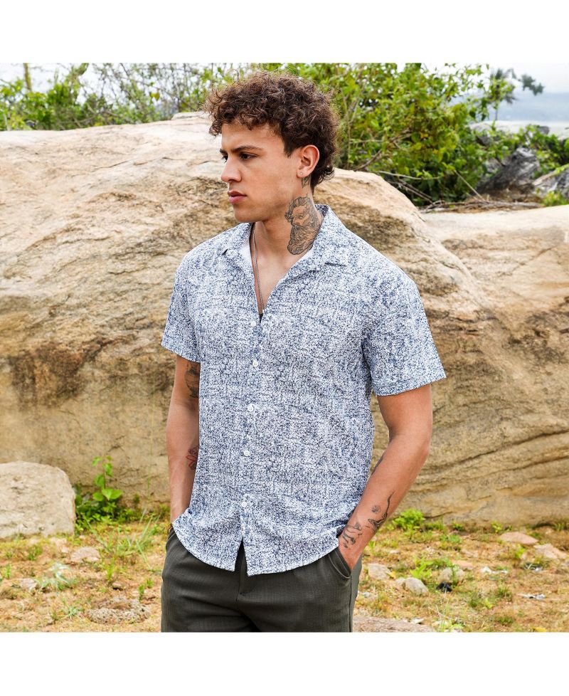 Men's Cream White & Indigo Blue Contrast Hazy Shirt