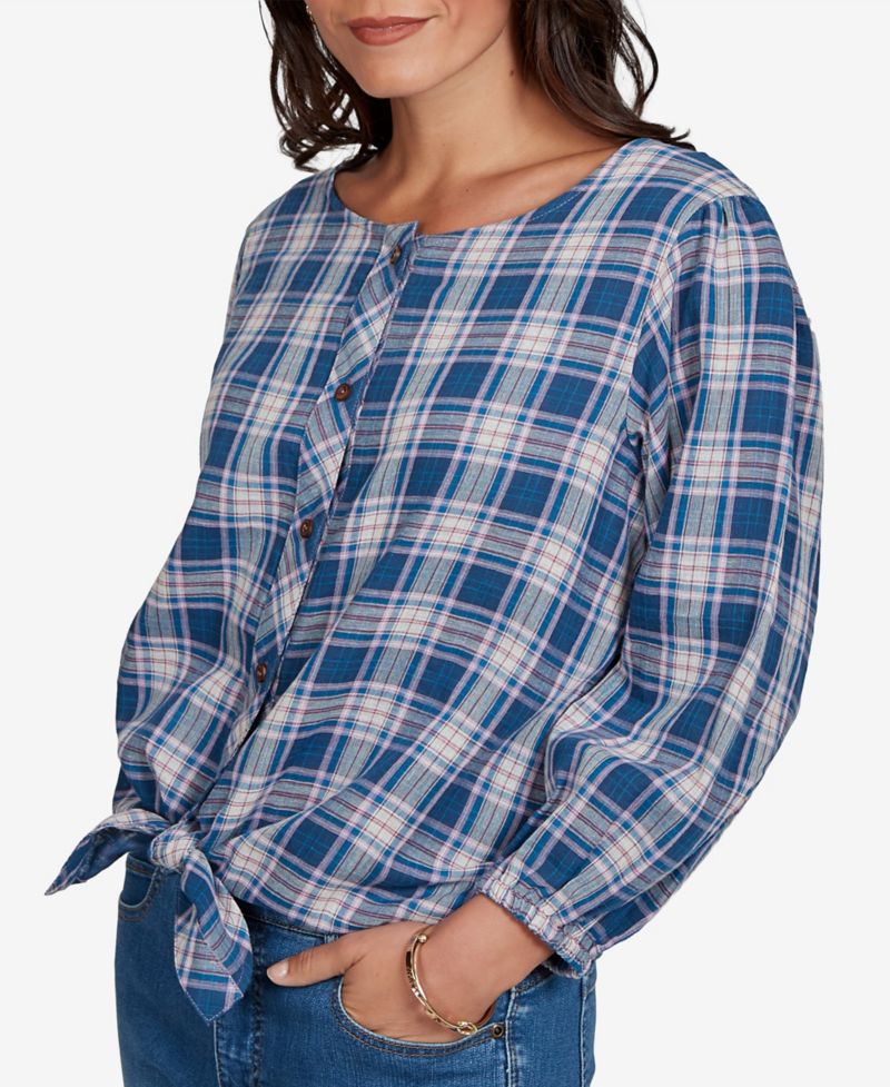 Petite Homestead Plaid 3/4-Sleeve Button-Front Top