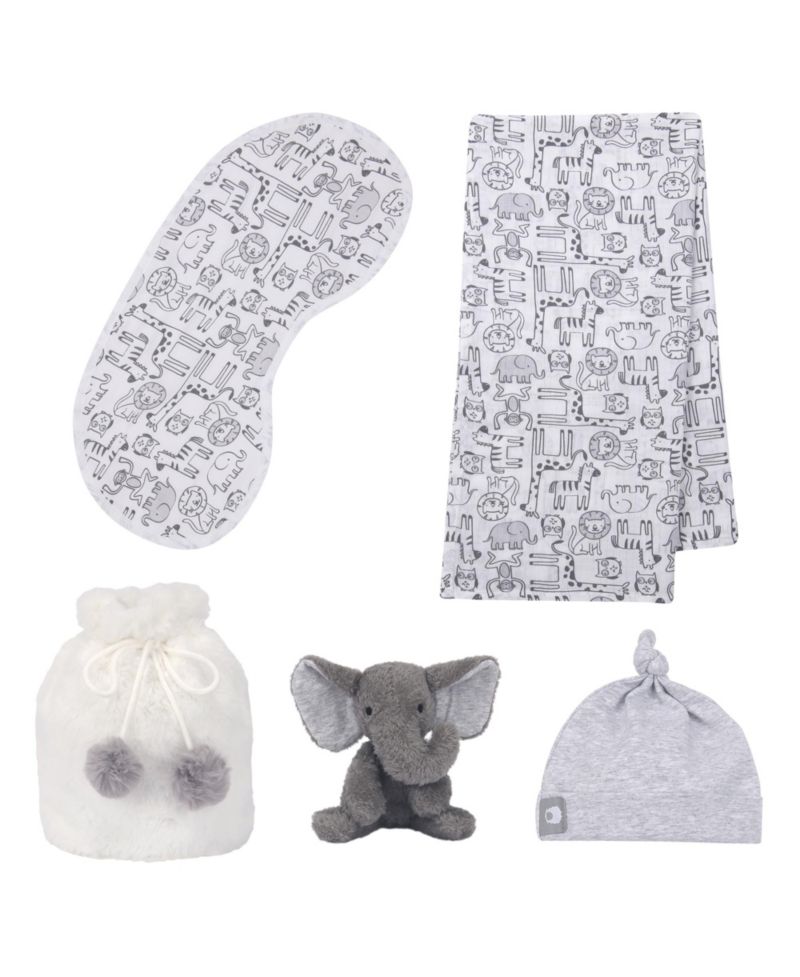 Lambs and Ivy 5 Piece Gray/White Plush Infant/Newborn Baby Gift Bag w/ Swaddle