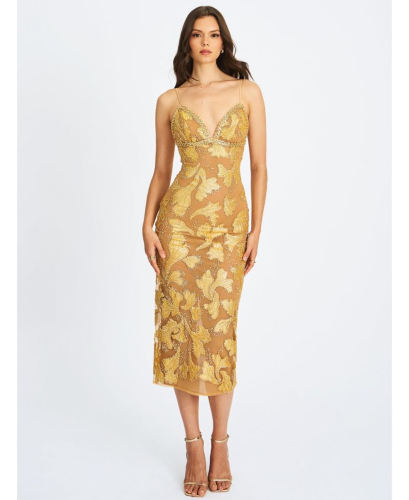 Women's Edie Gold Beaded Sequin Midi Pencil Dress