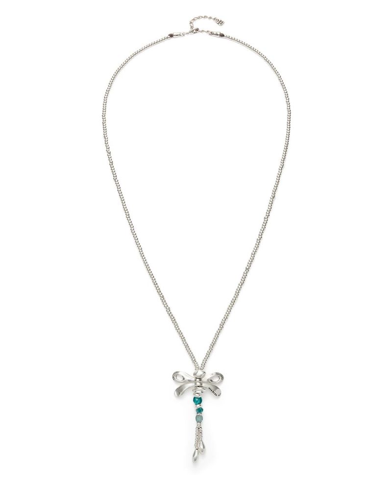 Long Sterling Silver Plated and Green Crystal Dragonfly Necklace