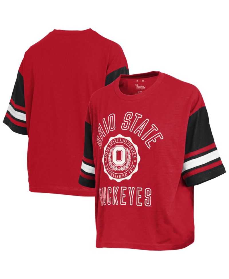 Women's Scarlet Ohio State Buckeyes Sunday Colorblock Seal T-Shirt