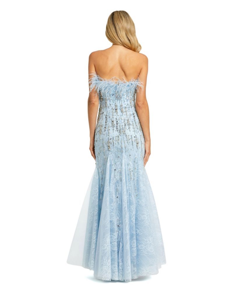 Women's Strapless Feather Embellished Mermaid Gown