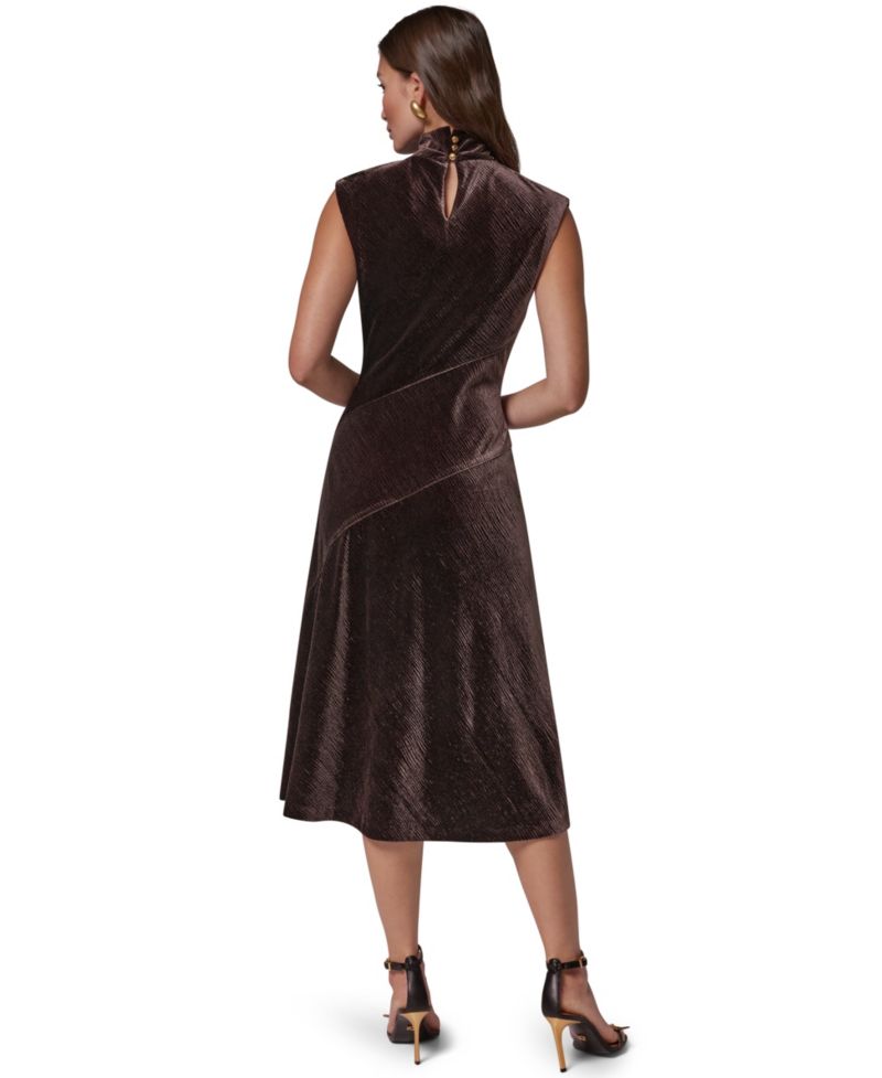 Women's Mock Neck Crinkled Velvet A-Line Dress