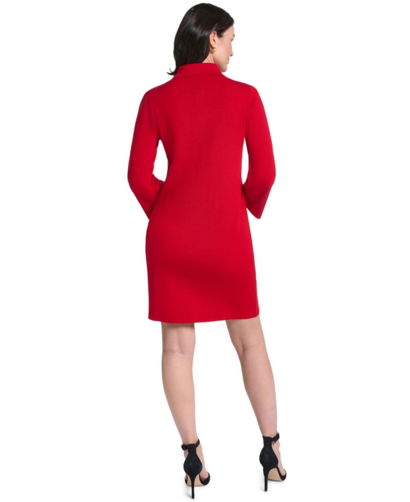 Petite Collared Button-Front Long-Sleeve Midi Dress