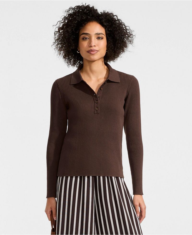 Women's Cotton Ribbed Long Sleeve Polo Sweater