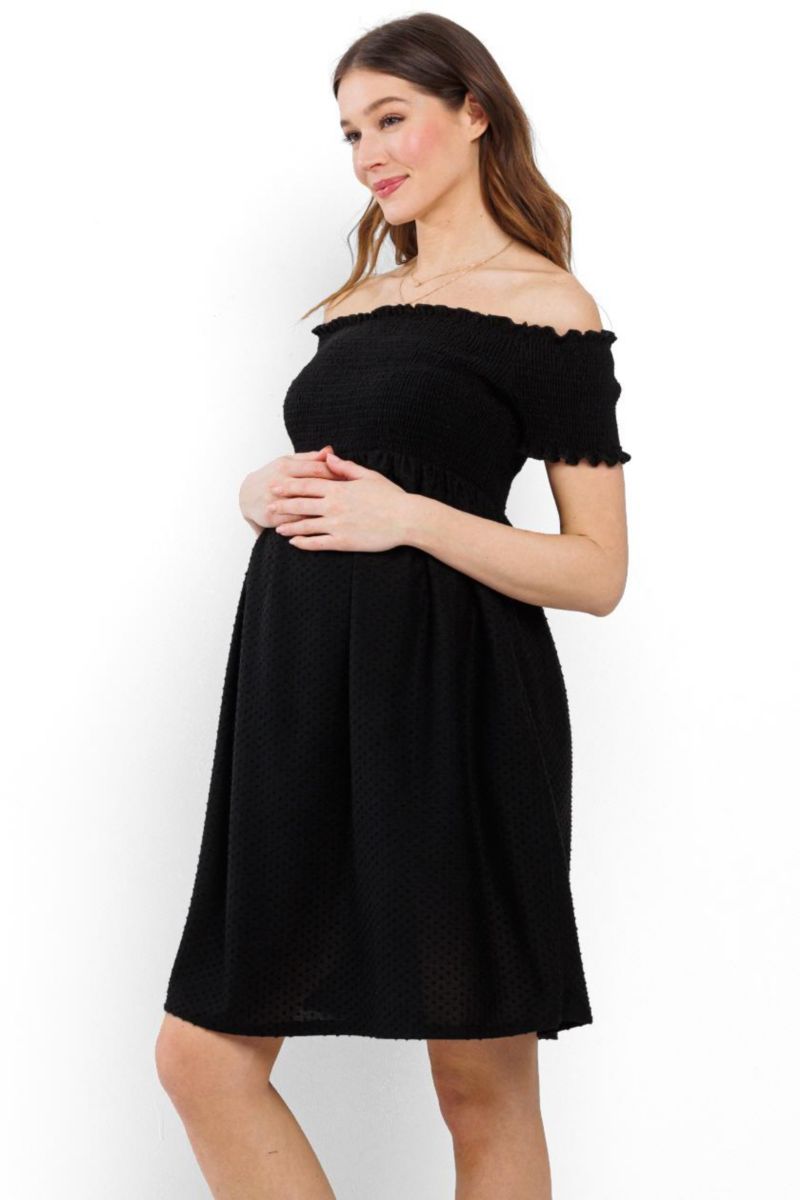 Women's Off-the-Shoulder Smocked Swiss Dot Dress with Pockets