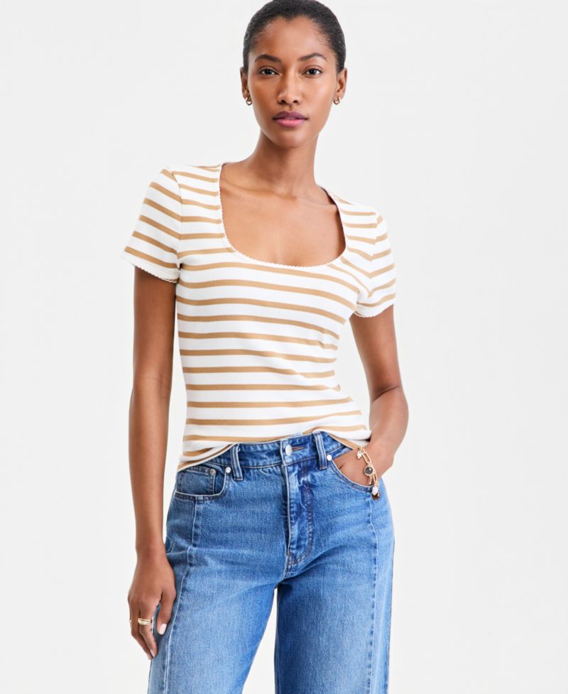 Women's Scoop-Neck Rib Contrast-Stitch Top