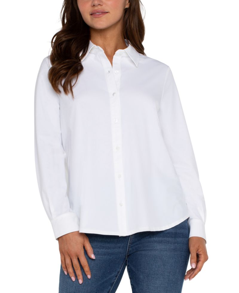 Petite Long-Sleeve Button-Front Collared Blouse