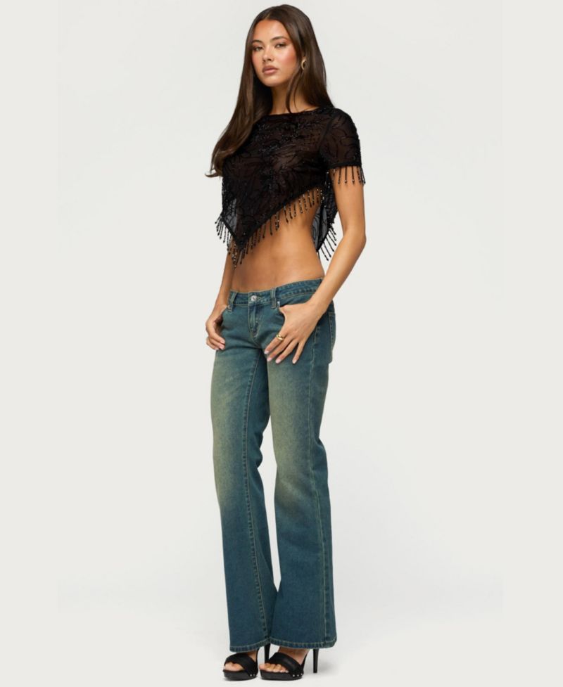 Women's Yanna Beaded Fringe Mesh Poncho Top