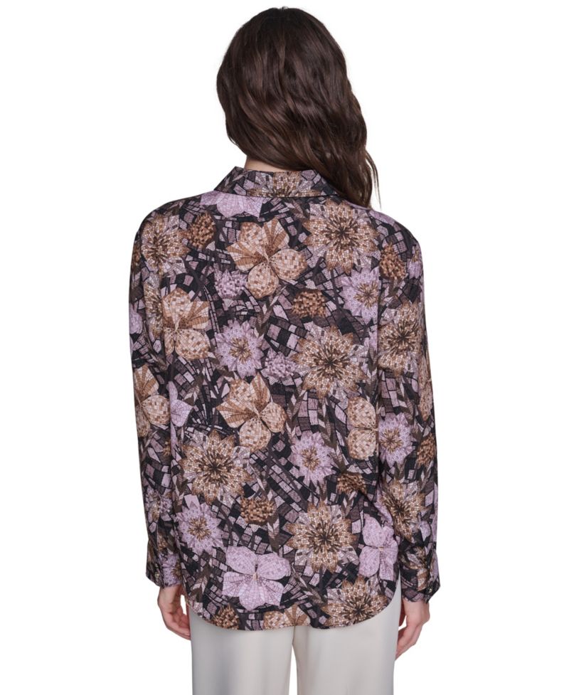 Women's Floral-Print Long-Sleeve Point-Collar Blouse
