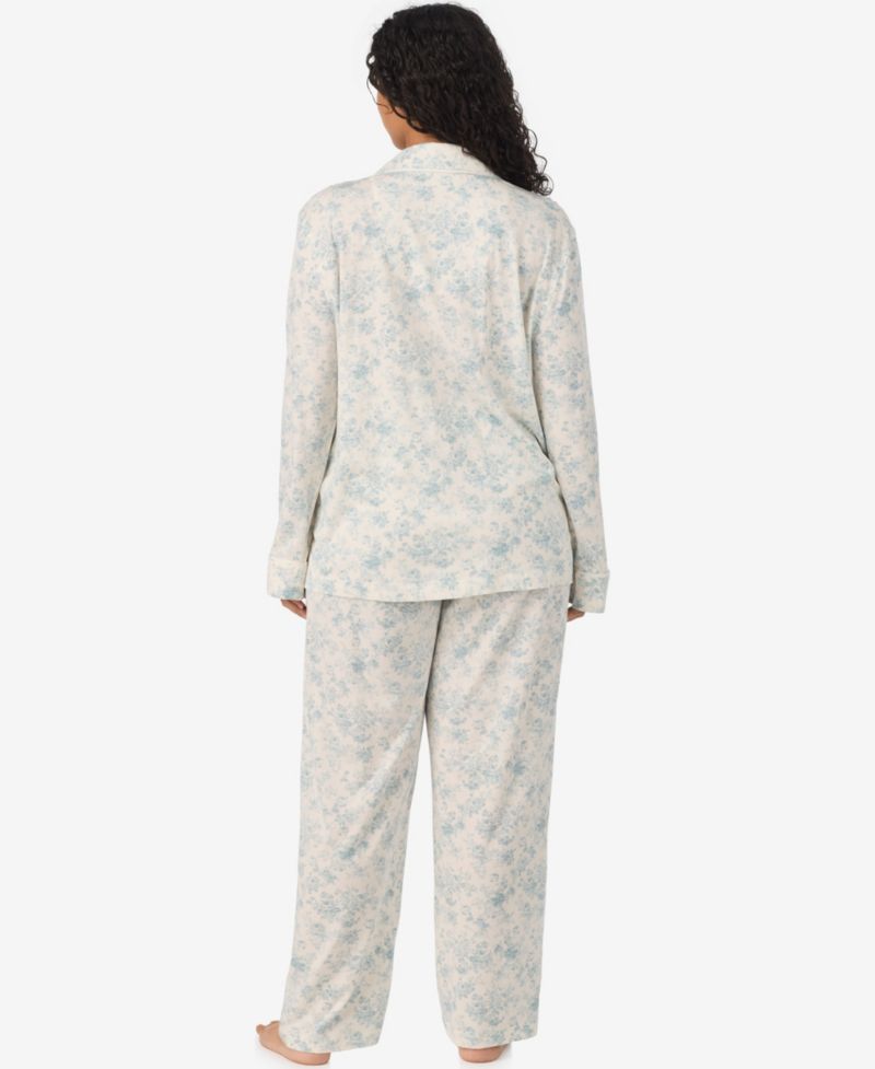 Plus Size Long-Sleeve Notch-Collar Floral-Print Top and Pajama Pants, 2-Piece Set