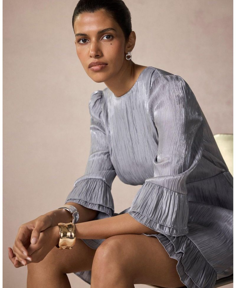Women's Metallic Ruffle 3/4-Sleeve Mini Dress