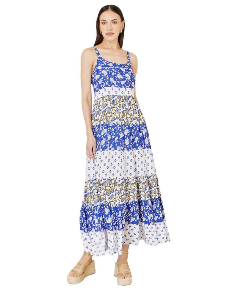 Women's Patchwork Print Tiered Maxi Dress