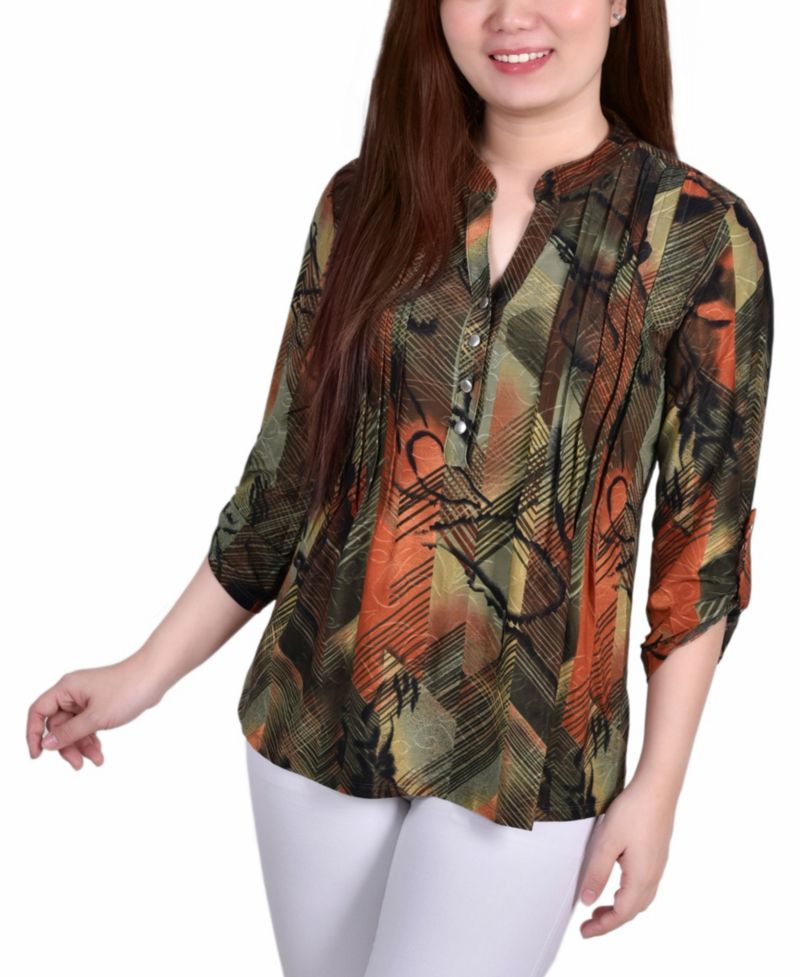 Women's 3/4 Roll Tab Sleeve Y-neck Top
