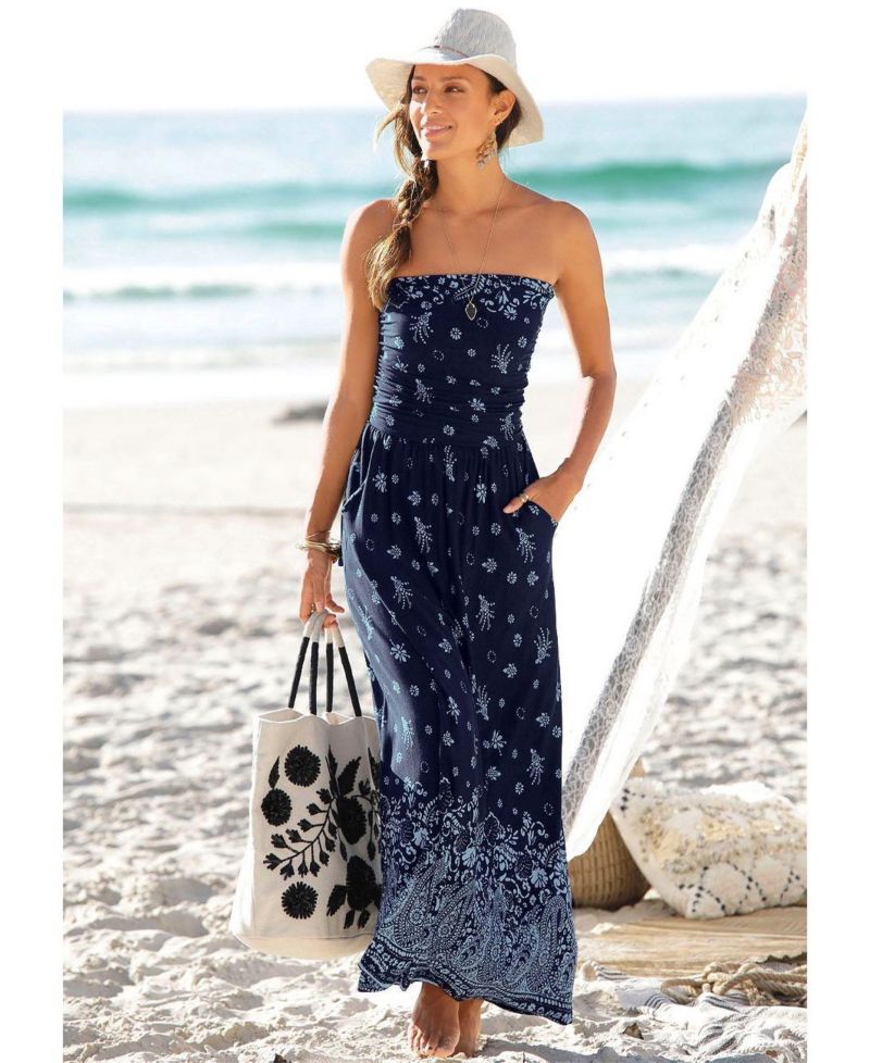 Women's Viscose Printed Strapless with Pockets Bandeau Maxi Dress