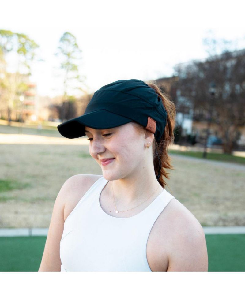 Women's Adjustable High Ponytail Running Hat - Black