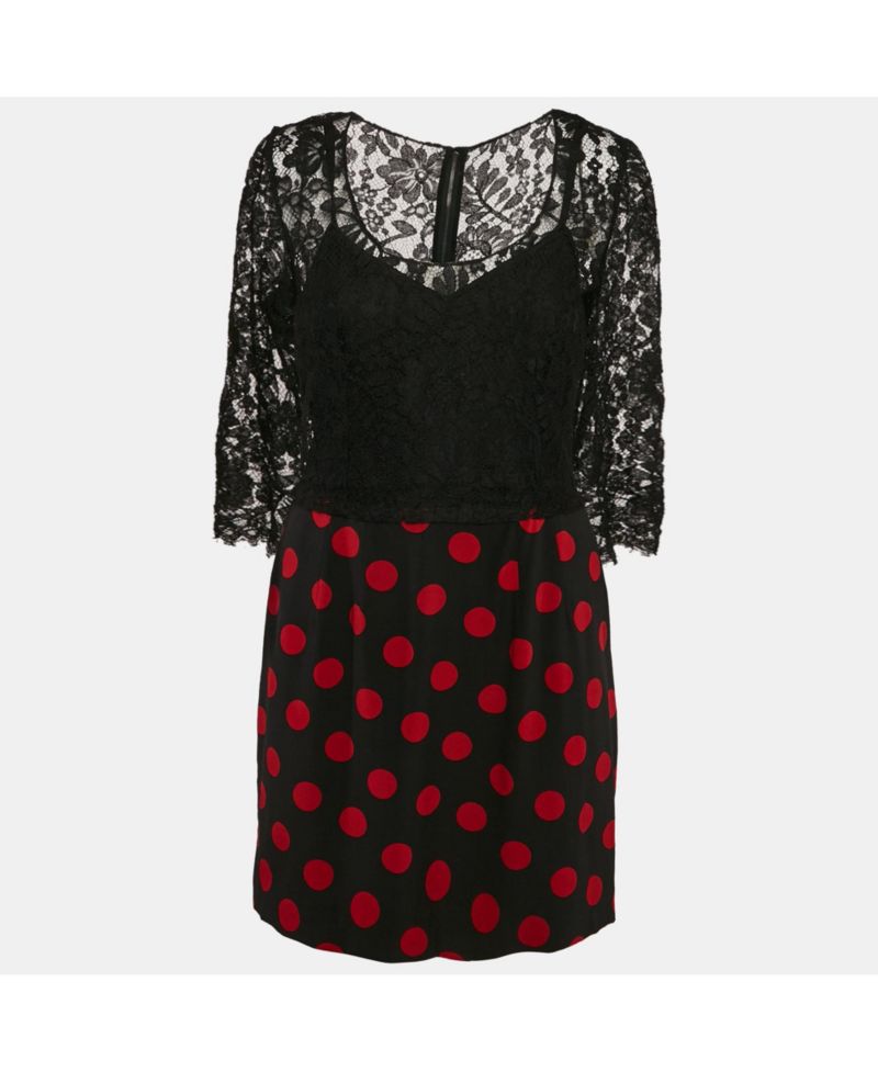 Women's Pre-Owned Dolce and Gabbana Black Lace And Polka Dot Print Silk Mini Dress