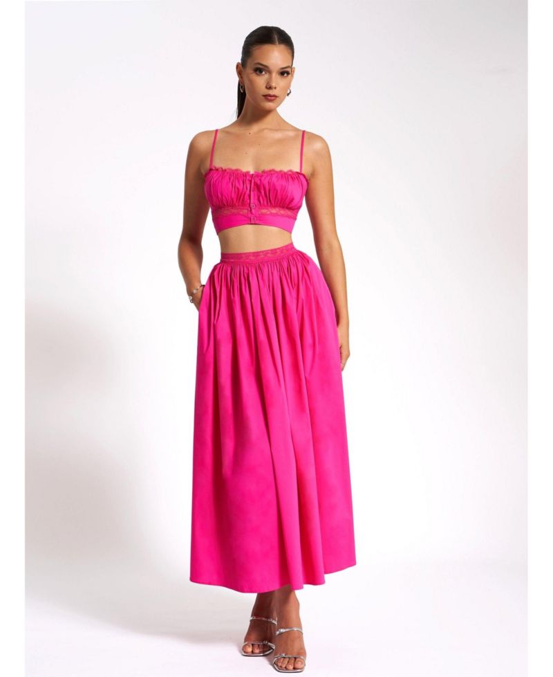 Women's Martha Fuchsia Cotton Poplin Maxi Skirt With Lace Trim